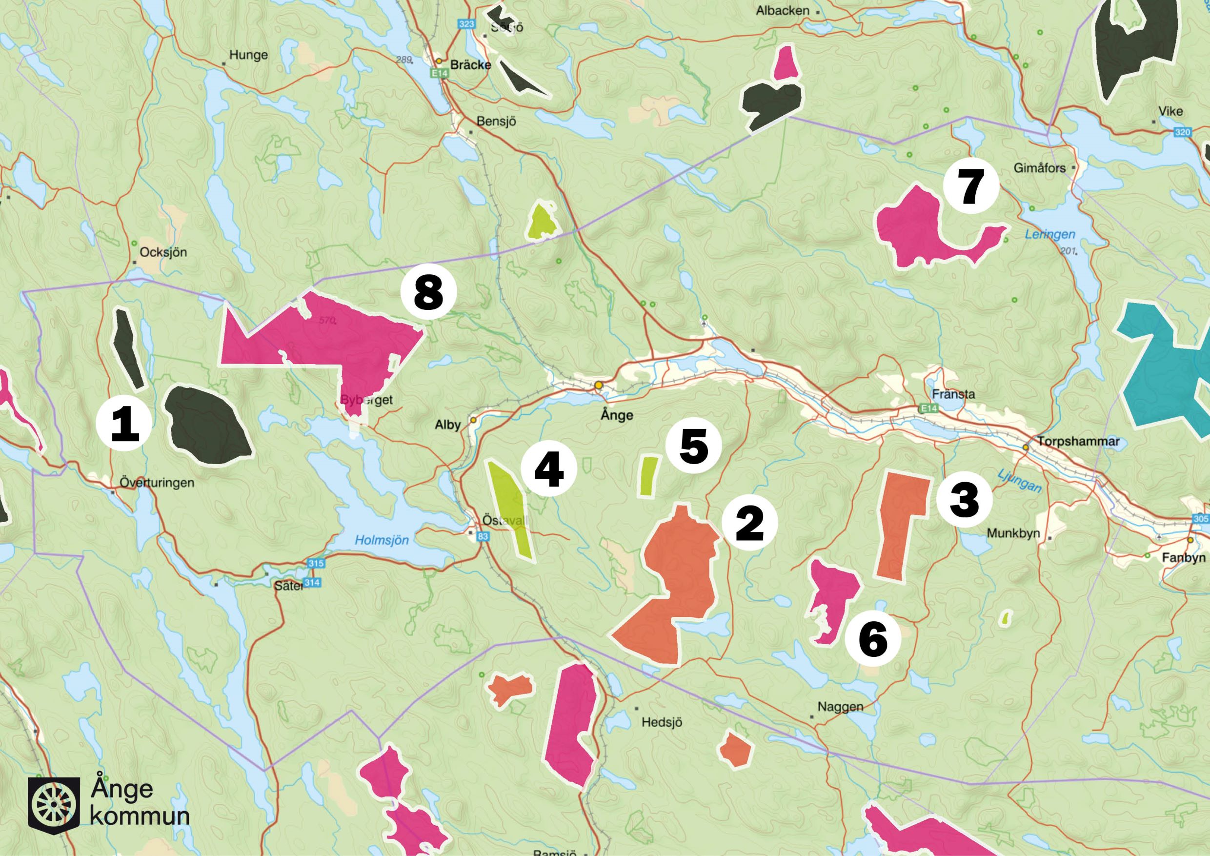 Bilden föreställer en karta där aktuella vindkraftsprojekt i Ånge kommun och nära gränsen till Ånge kommun är utritade och färgkodade utifrån vilken status de har. I texterna längre ner på den här sidan finns mer detaljerad information om vart och ett av de aktuella vindkraftsprojekten i Ånge kommun.